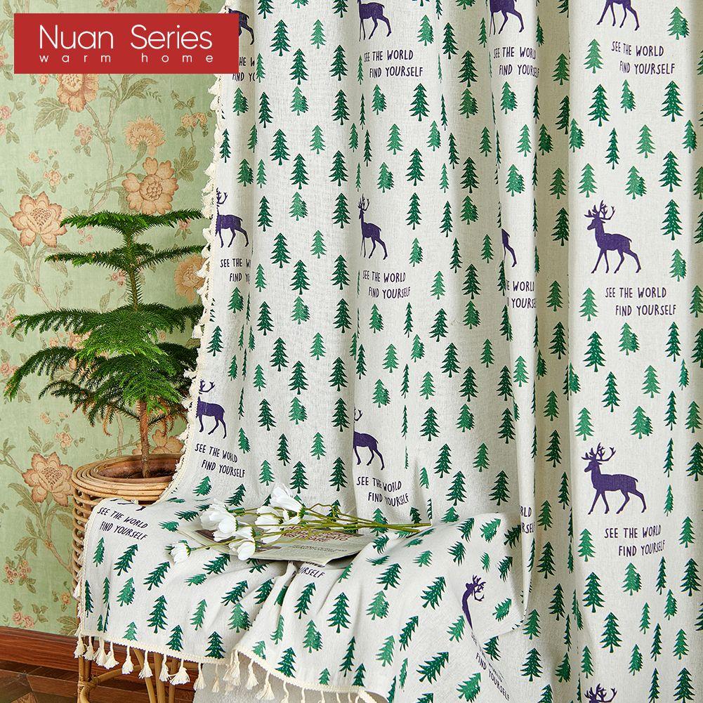 1PC Nuan Series Festival Decorative Curtain Christmas Elk Pattern Cotton Linen Printed Curtains With Tassel For Windows Balcony Home Decor