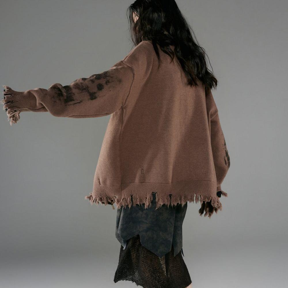 Cardigan tricotat cu fermoar maro femei Harajuku Vintage Y2k pulover gotic japonez Tie Dye Topuri cu mânecă lungă toamnă