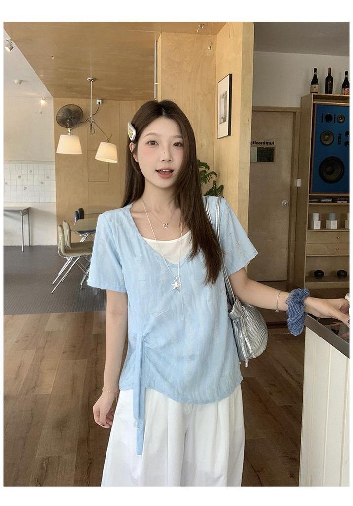 Summer 2026 Plus Size Women's Two-Piece Look Ripped Short Sleeve Slimming T-Shirt