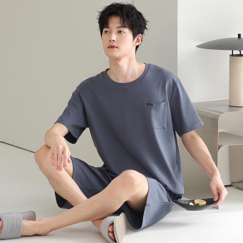 Men's 100% Cotton Short Sleeve Pajama Set - Summer Lightweight, Wearable Outdoors, Ideal for Teens