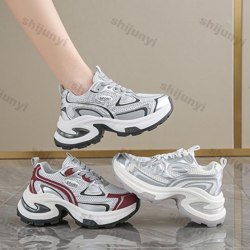 Women Breathable Mesh Chunky Platform Sneakers  Spring Leisure Comfort Thick Bottom Shoes Ladies Lace Up Sliver Casual Shoes
