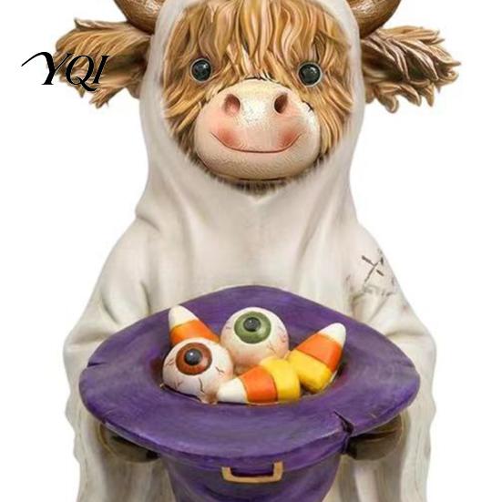 Holiday Desk Display 3Pcs Halloween Ghost Highland Cow Figurines, Resin Yak Statues with Pumpkin, Farmhouse Dark Aesthetic Gift Tabletop Ornaments for