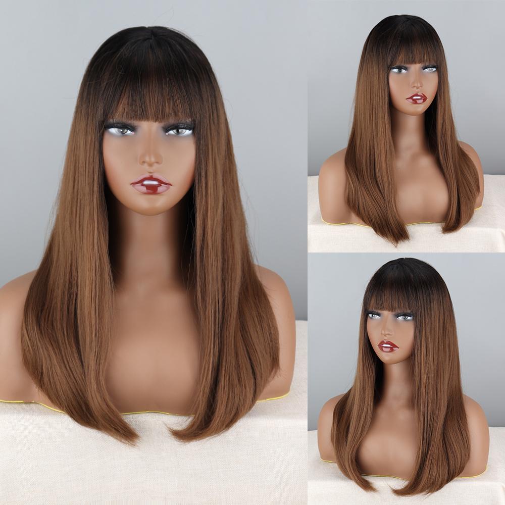 MISSQUEEN Women Long Straight Ombre Brown Wig with Bangs Synthetic Fiber Natural Ombre Straight Daily Wear Brown Wig