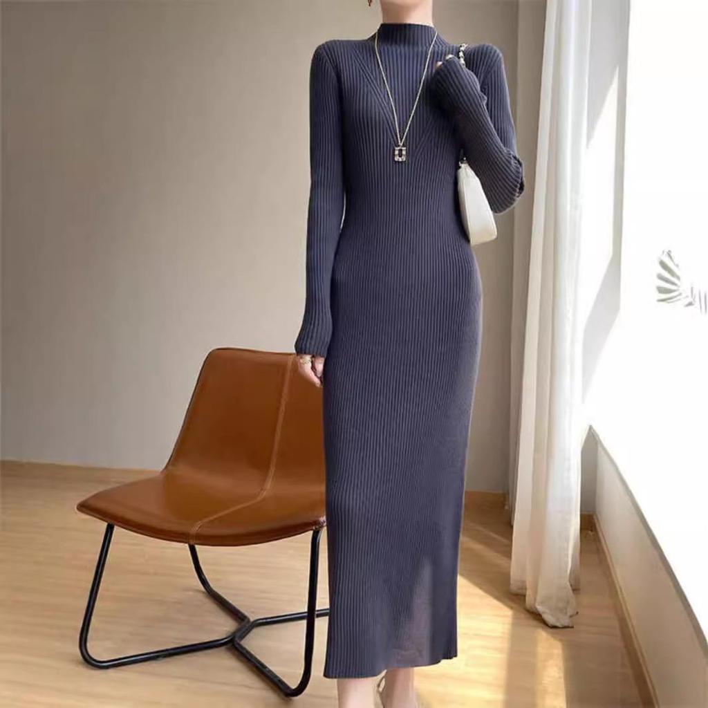 New Autumn/Winter Slimming Knit Dress for Women - Half-High Neck, Figure-Flattering, Long Length Bodycon Skirt