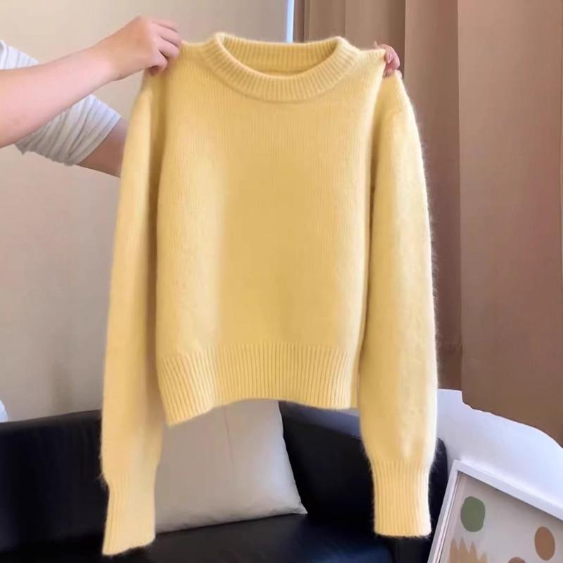 Solid color crew neck pullover knitted sweater long-sleeved top women's autumn and winter new loose and versatile lazy casual