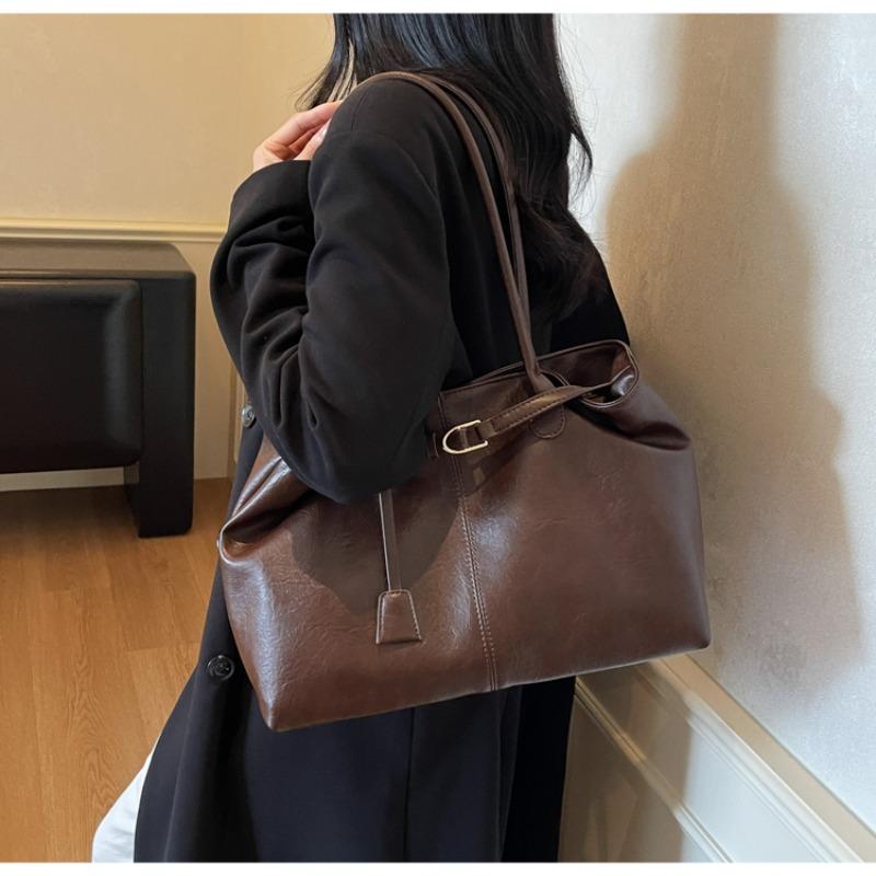 PU Solid Color Large Capacity Shoulder Bags Hasp Sewing Women's Bags 2026  Temperament Versatile Women's Handbags