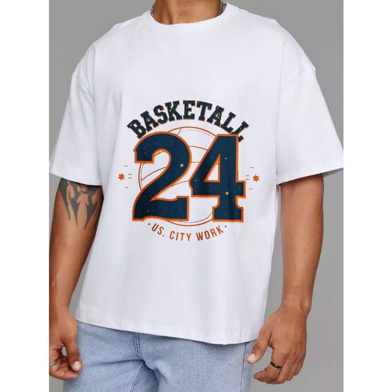 Basketball T Shirt White Number 24 with Basketball Design and Text Basketball U S City Work for Casual Wear and Sports Activities