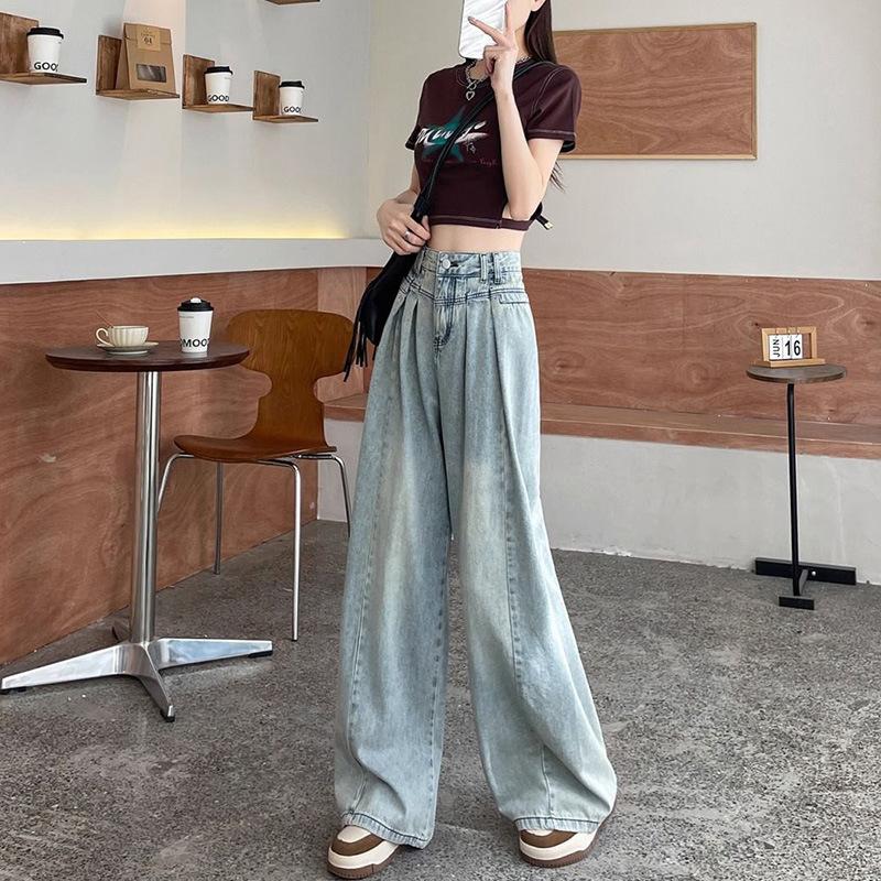 

Женские джинсы с широкими штанинами со складками, свободный дизайн, высокая посадка, новые универсальные джинсы с широкими штанинами, тренд, весна и осень 2XL