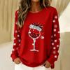 Women's Christmas Wine Glass Print Round Neck Long Sleeve Top for Casual Holiday Party