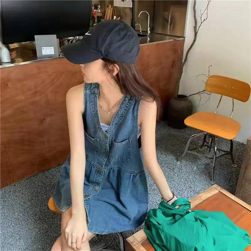 Biyaby Ärmelloses Trägerkleid Damen Sommer Einreihig Taschen Jeanskleider Frau Koreanischer Stil Lockeres A-Linien-Minikleid