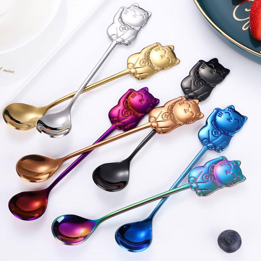 Cute Cats Shape Stirring Spoon Small Mixing Teaspoon Dessert Spoon Stainless Steel Tableware Easy To Clean