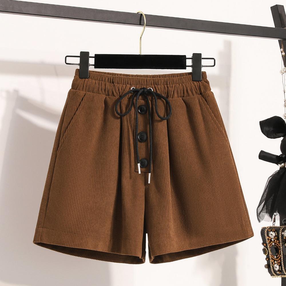 

DIMANAF 2024 Новые женские брюки больших размеров, вельветовые брюки, шорты, свободные винтажные повседневные однотонные короткие брюки S коричневый