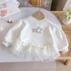 Autumn 25 Lace Trim Korean Style Sweatshirt for Girls - Embroidered Bow Top with Trendy Lettering