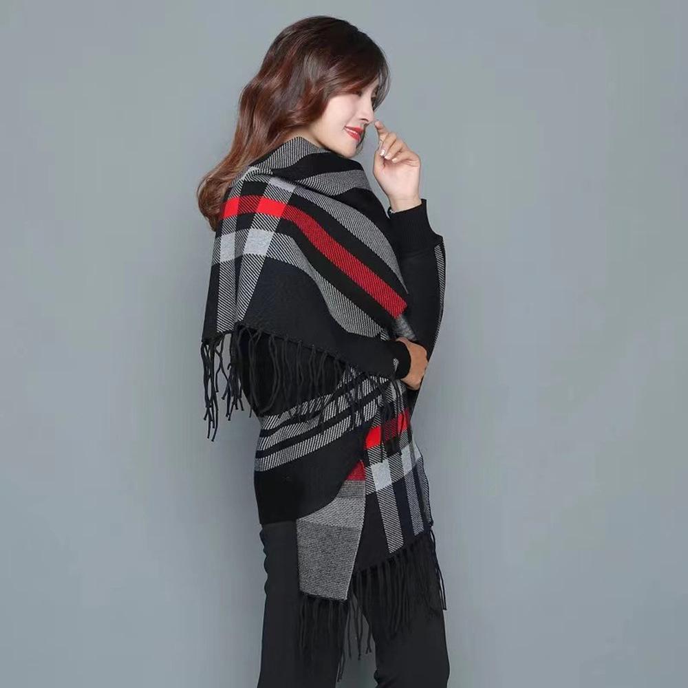 Women's Autumn and Winter Thick Faux Cashmere Scarf with Sleeves, Large Plaid Cheongsam Shawl, Wedding Cape