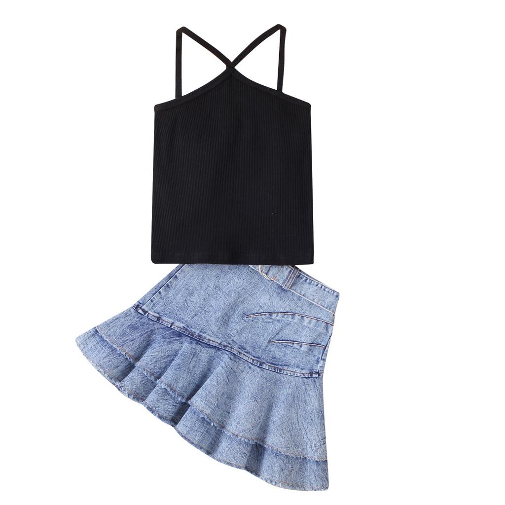 Costum de vară pentru fete, costum cu fustă scurtă din denim cu bretele, de culoare uni pentru copii