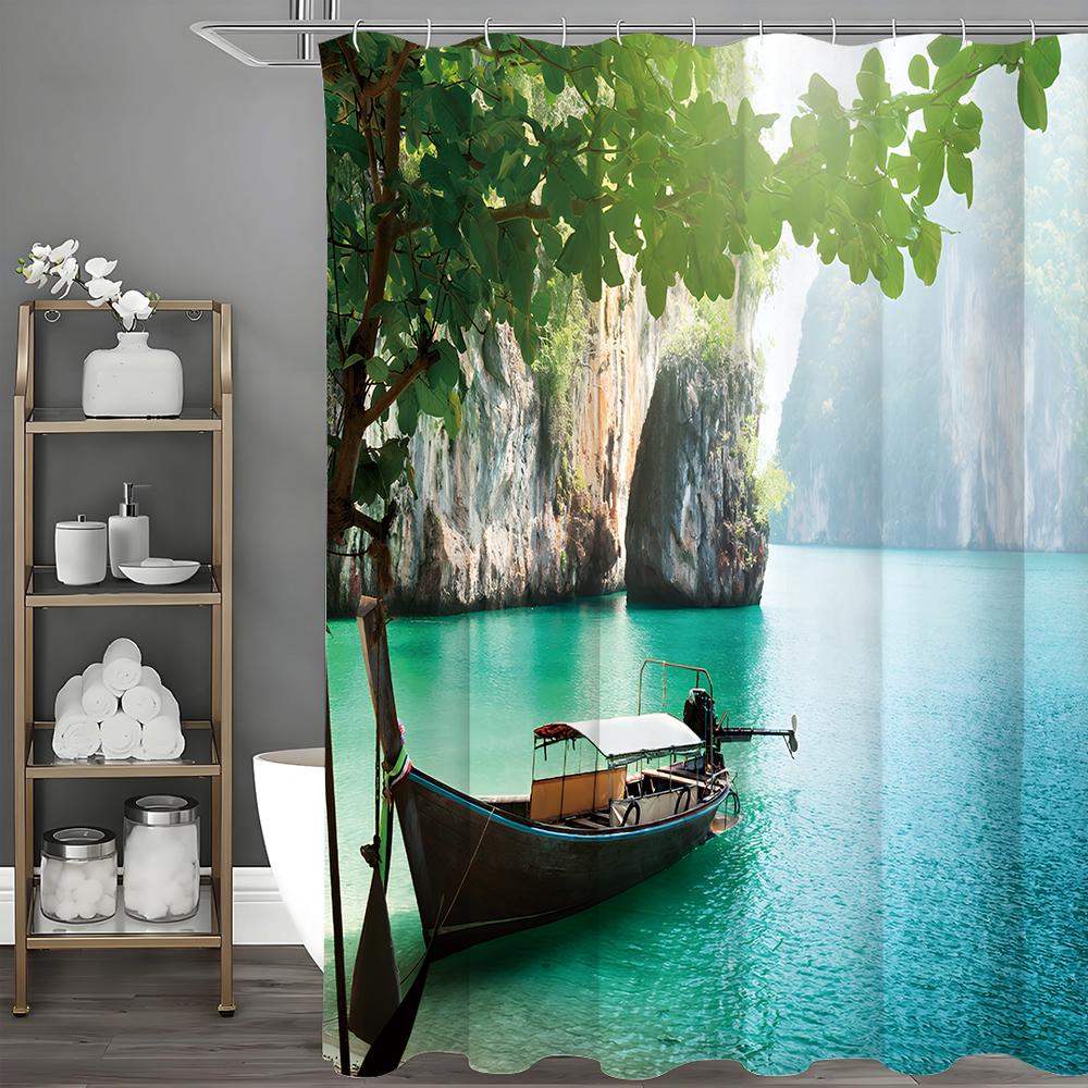

Занавеска для душа «Горное озеро, деревянная лодка, пейзаж», декоративная занавеска для ванной комнаты, водонепроницаемая занавеска для душа с крючками 200*180cm
