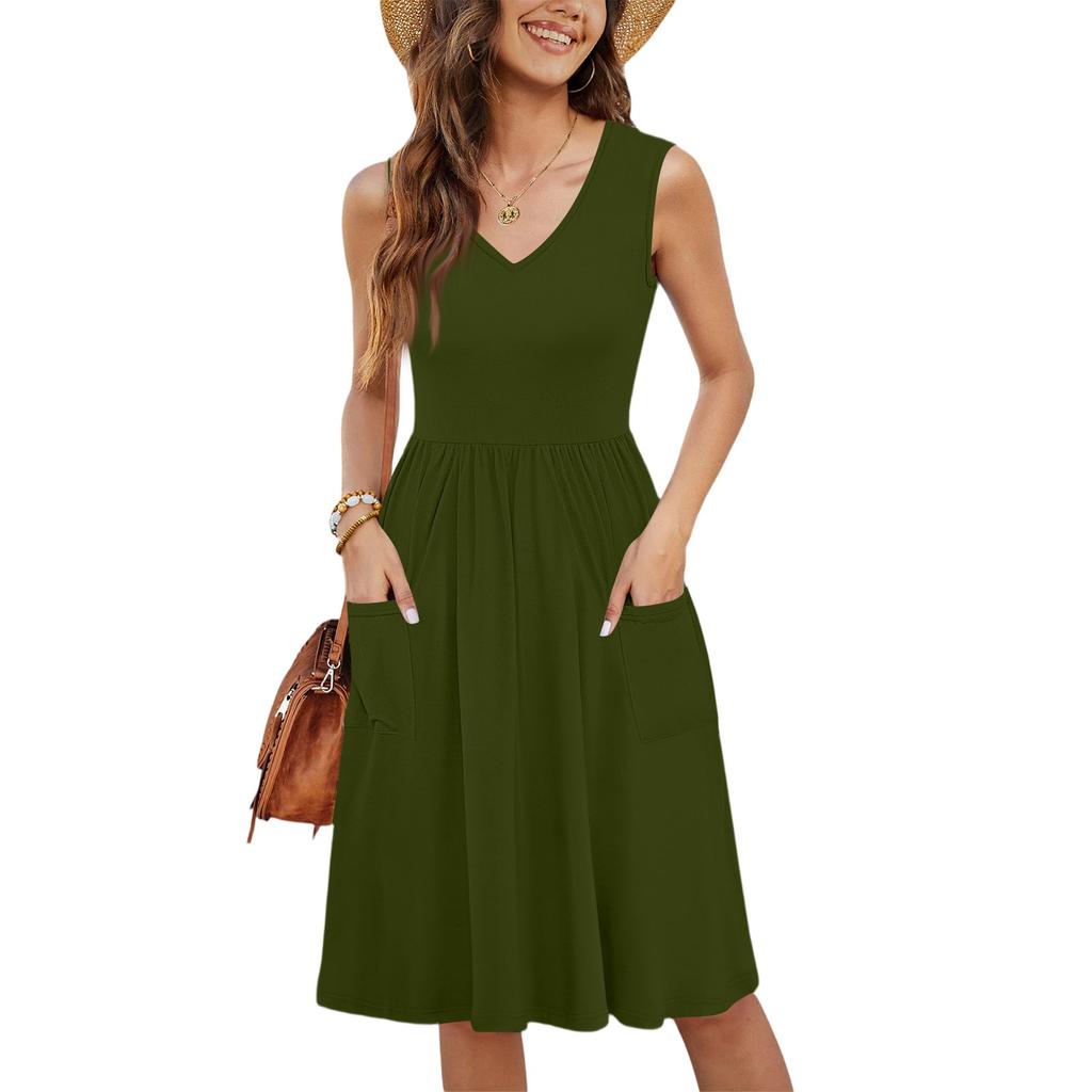 Women's Casual Fashion Sexy V-neck Button Decoration Sleeveless Solid Color Waist Dress