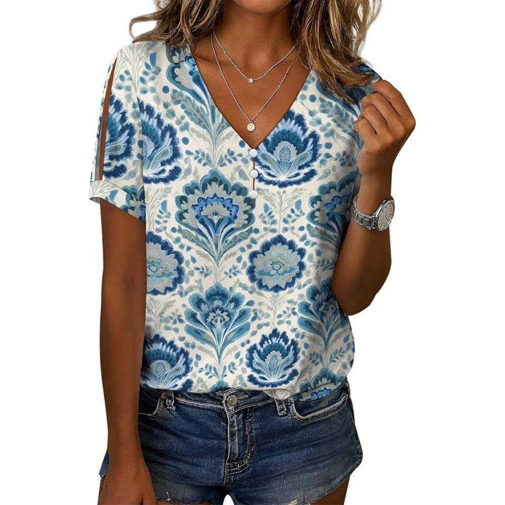Lässige V-Ausschnitt Kurzarm Blümchenmuster Festliche Sommer-T-Shirts