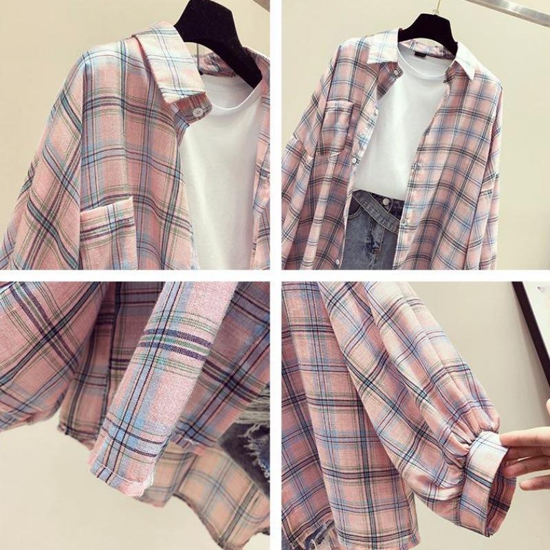 Camicia a quadri a maniche lunghe da donna, giacca estiva ampia, protezione solare, top da donna, camicia stile pigro