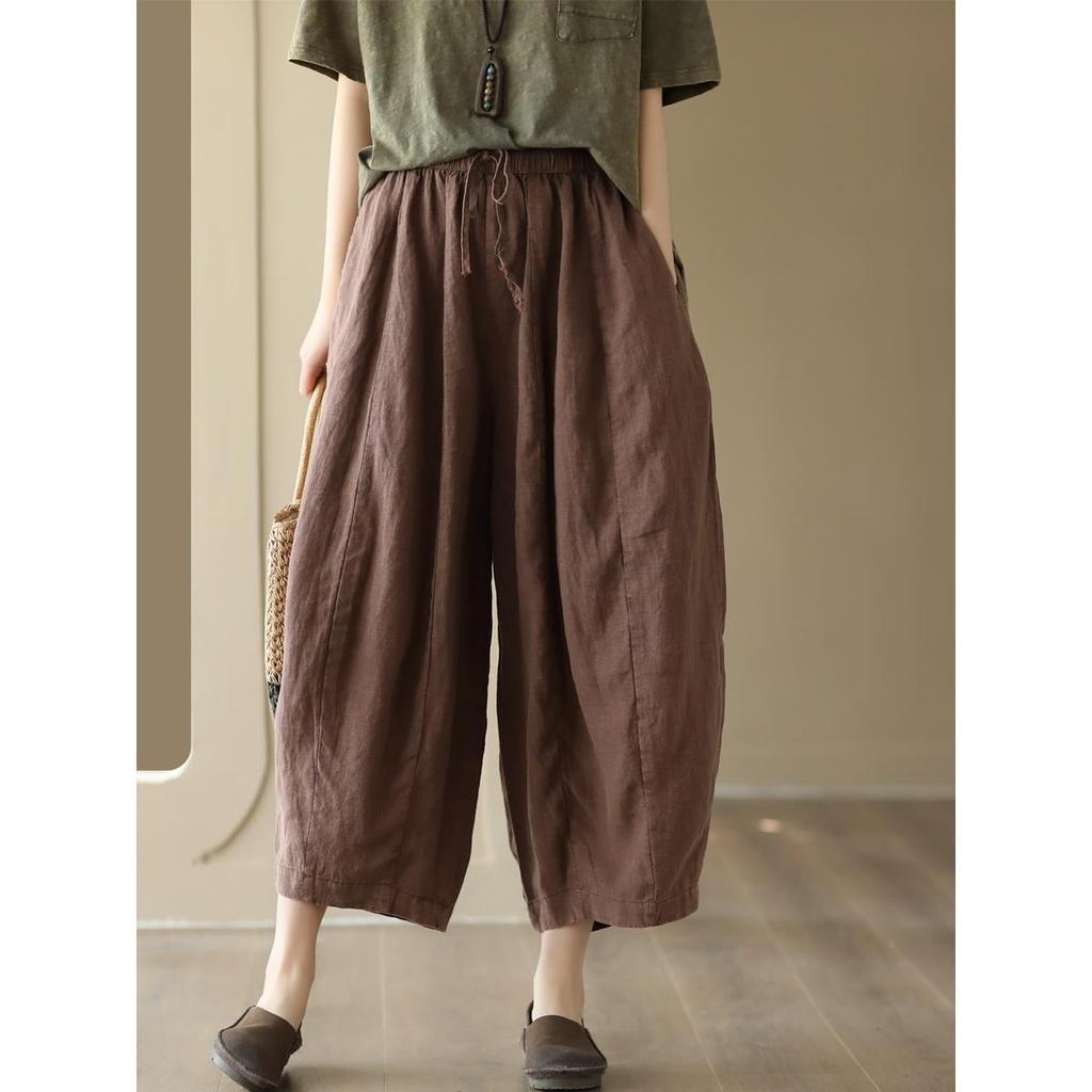Damen Haremshose aus Baumwolle und Leinen mit elastischem Bund - Retro Patchwork, Lockerer Schnitt, Fließender Laternenstil für den Sommer