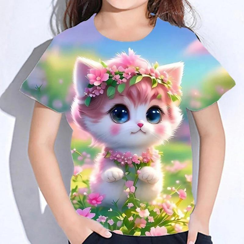 Children's Clothes 3d Print Kawaii Cat Pattern T Shirts Short Sleeve Tops 2026Kids Clothing Girls Boys Clothes 2 To 8 Years
