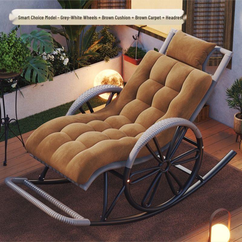 Adult Rattan Rocking Chair: Steel-Framed Recliner for Leisure and Napping on Balconies