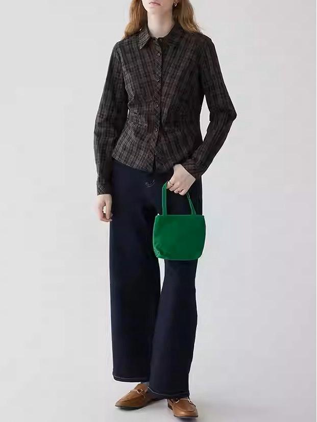 Women's Retro Plaid Pleated Waist Shirt - New Autumn/Winter Slim Lapel Top