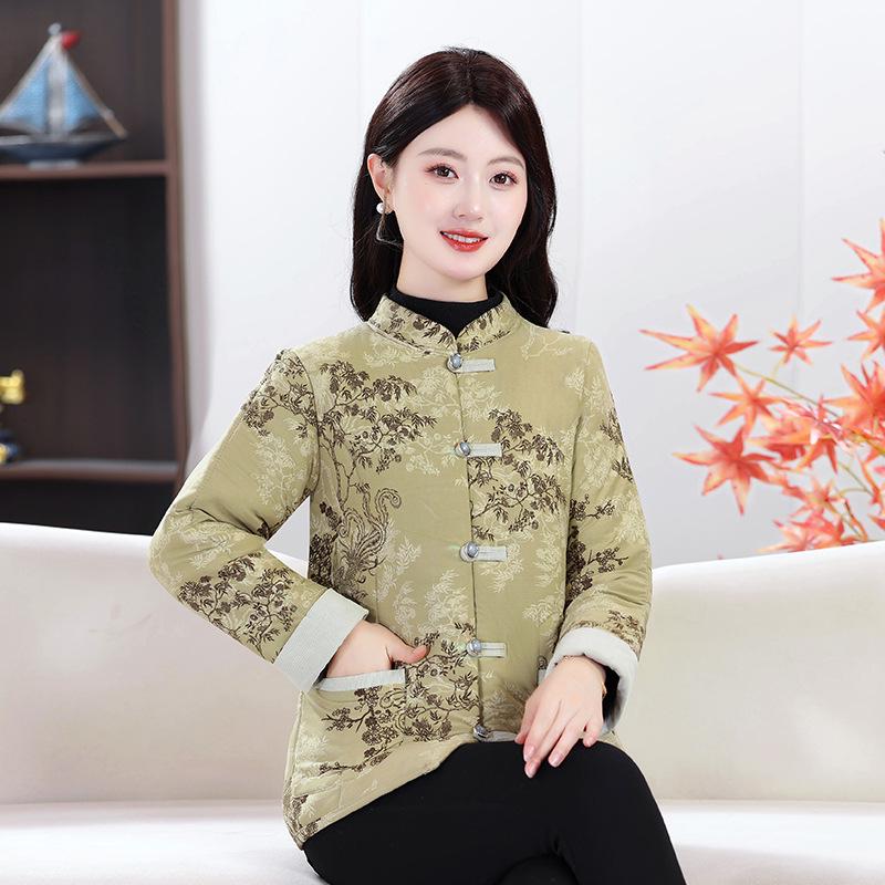 Dámská bunda slim fit ze směsi bavlny: Podzimní/Zimní Národní Styl, Hřejivý Kabát pro Matky Středního Věku a Starší s Plus Sametem.