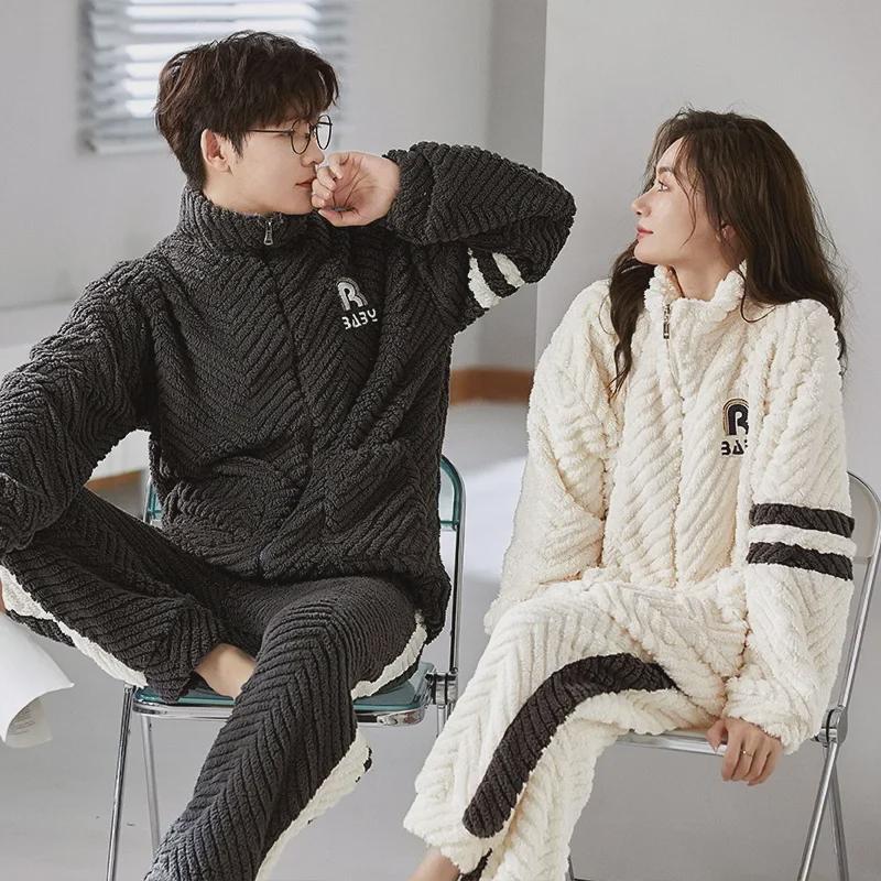 Vinter Plysch Par Pyjamas Set: Stilfull Sportdragkedjedesign för Män & Kvinnor