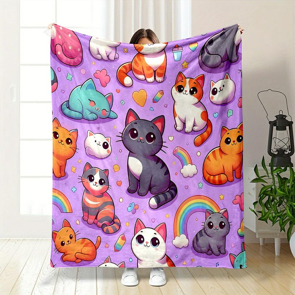 Cute Colorful Cartoon Cats On Purple Background Print Blanket Soft and Cozy Perfect for the Living Room Bed Sofa or a Nap,gift