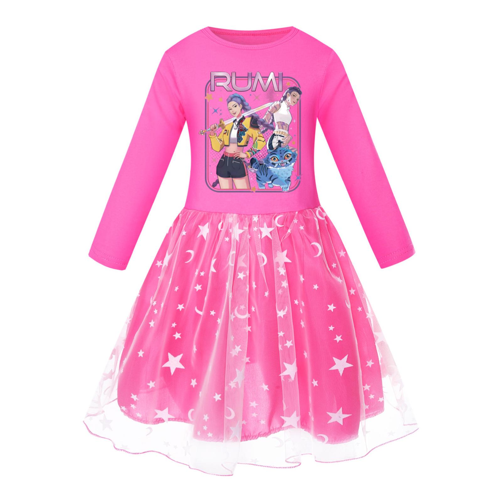 

Девичье платье с юбкой со звездным принтом, круглым вырезом, длинными рукавами и красочным кружевным пэчворком 130