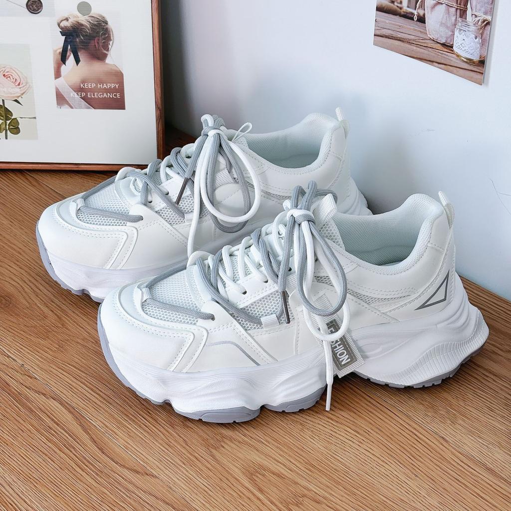 Women's Thick Leather Mesh Sports Shoes Women's Casual Sports Shoes Thick Soled Vulcanized Shoes Fashionable and Versatile