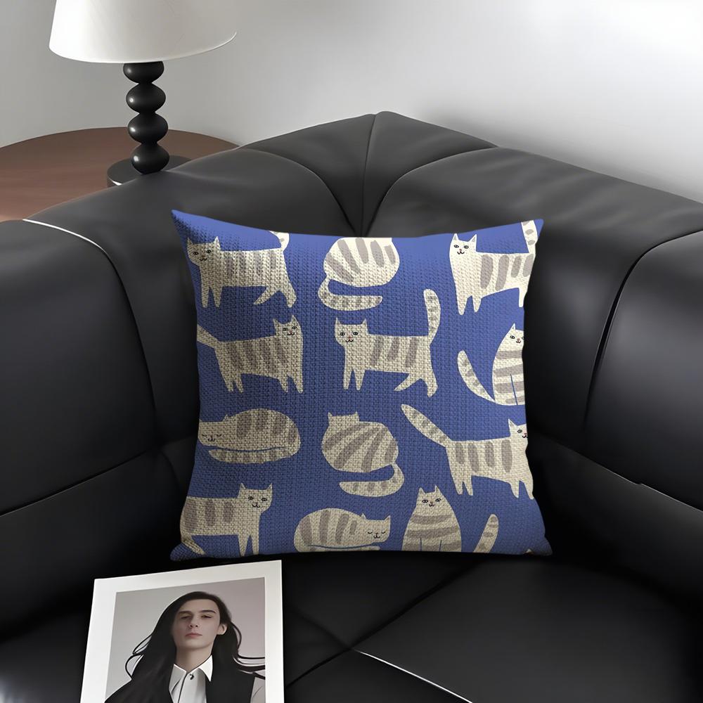 Cute Cat Cushion Cover Natural Linen Organic Fabric DoubleSided Printing Sofa Home Decor Gift Pillow Case