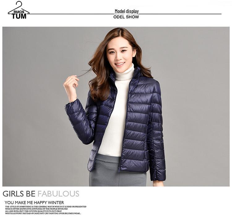 Women's Lightweight Slim Fit Down Jacket - Solid Color, Stand-Up Collar, Plus Size, Short Length