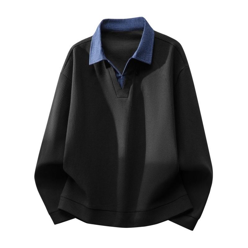 Мужская вафельная футболка-поло свитшот - Повседневный пуловер с контрастным воротником и V-образным вырезом M чёрный