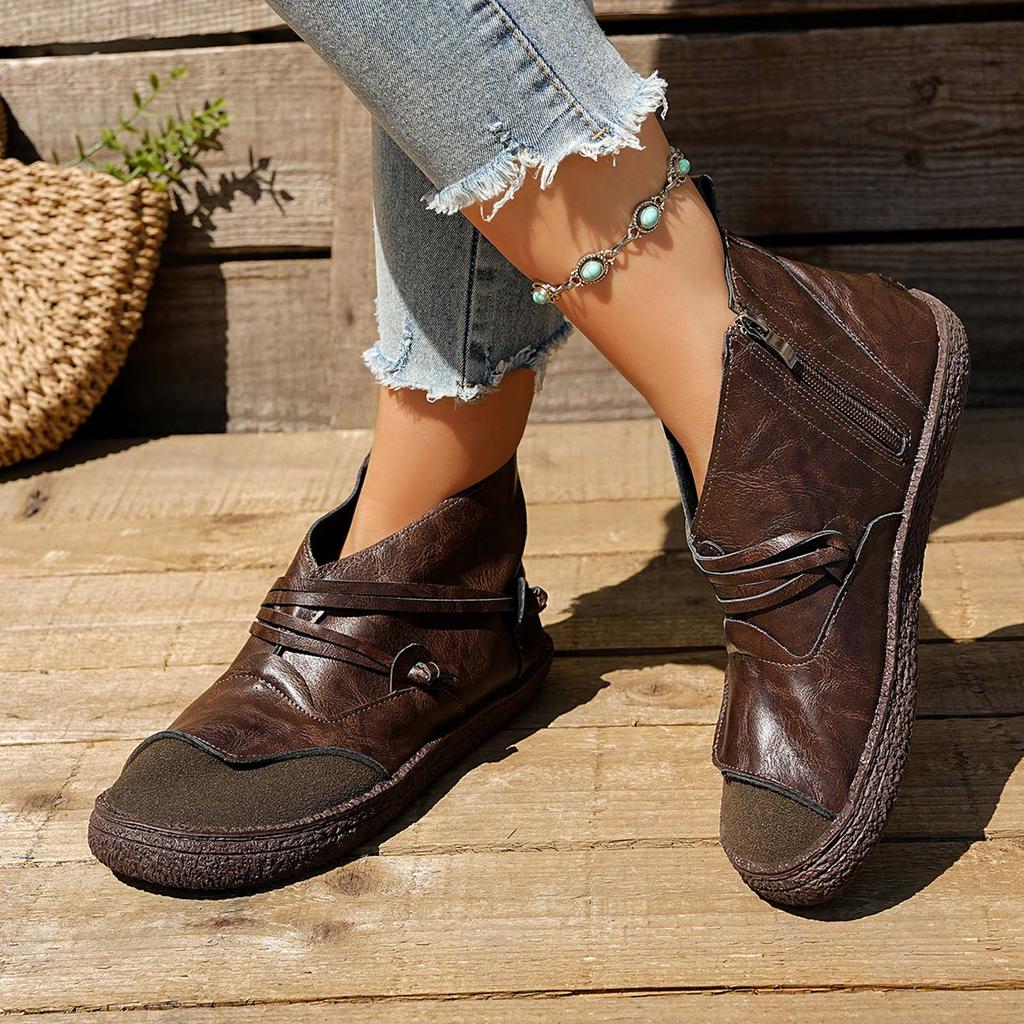 Women Ankle Boots Spring Autumn Sewing PU Zipper Flat With Modern Boots Vintage Patchwork Street Style Outdoor Women Shoes