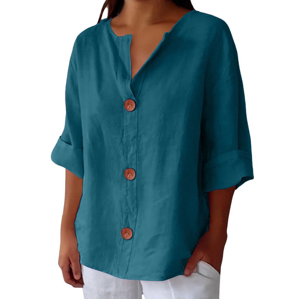 Mote dame casual V-hals kneppet syvarmet bomulls-t-skjorte topp
