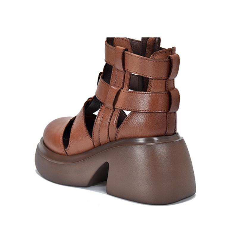 Johnature Retro pravá kůže Silná podrážka s kulatou špičkou Dámské Sandály Vyhloubené Silné vysoké podpatky Římské boty