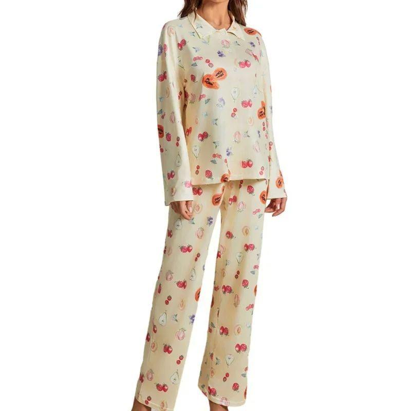 

Пижамный комплект с принтом, застежка-пряжка на воротнике, пижама с лацканами на пуговицах, карманный костюм C L(L)