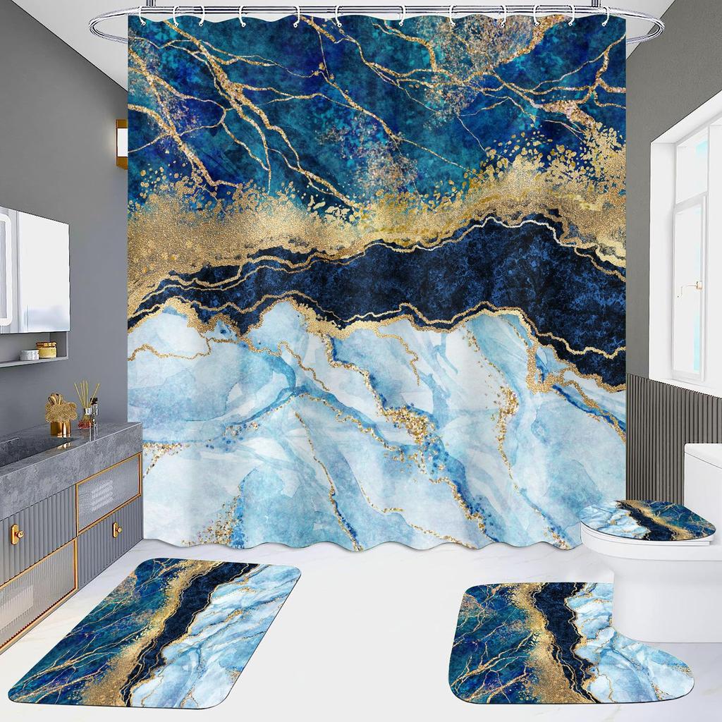 4Pcs Marble Series Shower Curtain Sets for Bathroom Non-Slip Bathroom Rugs Lid Toilet Cover Bath Mat