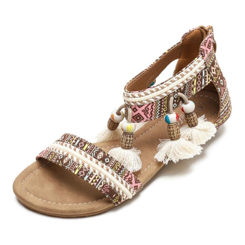 Fashion bohemian fringe ball flat sandals women colorful weaved gladiator sandalias mujer tassel summer shoes zip open sandales size 43