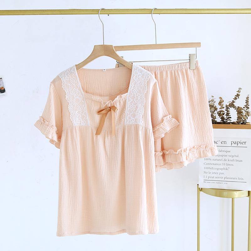 Ensemble de Pyjama d'Été pour Femmes 100% Coton Crêpe Douce Dentelle Dentelle Manches Courtes Short Deux Pièces Ensemble Maison Femmes