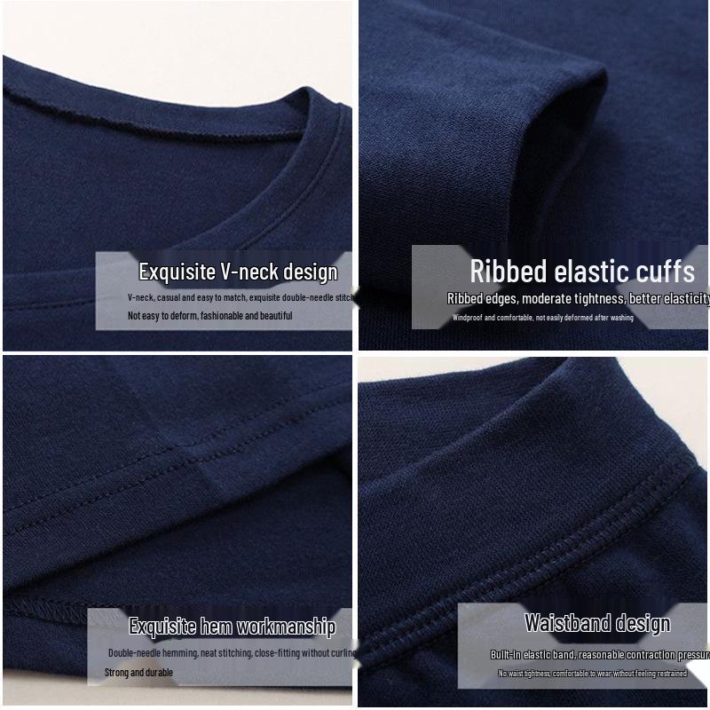 Men's V-Neck Thermal Underwear Set - Pure Cotton Knitwear Base Layer, Autumn Top & Pants