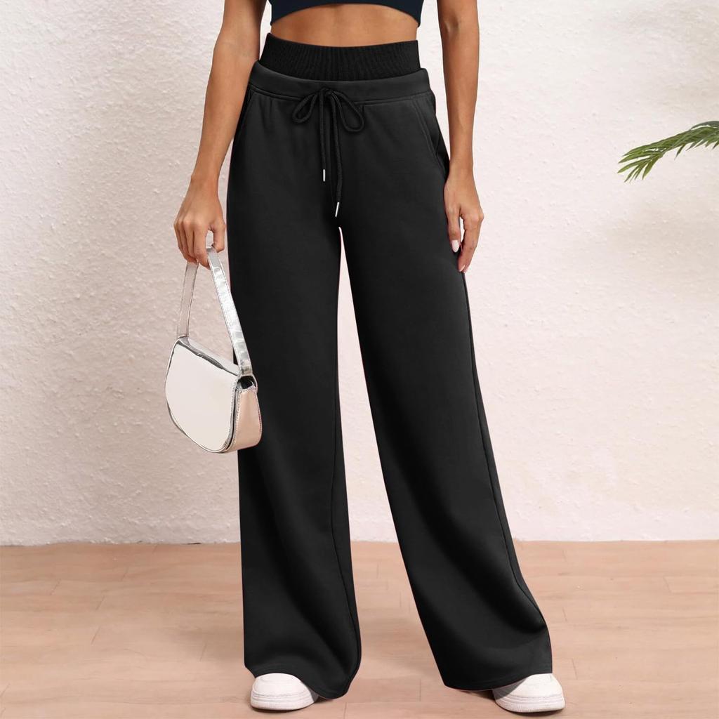 Women's Solid Color High Waisted Pants, Loose Fit Sweatpants, Straight Leg Pants
