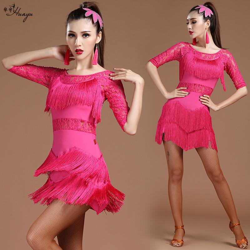 Huayu Damska Sukienka do Tańca Latynoamerykańskiego z Koronką i Frędzlami