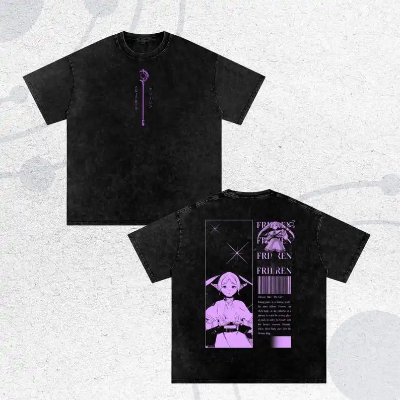 Frieren Anime Acid Washed Oversize T-shirt Fern Anime Unisex High Quality Oversized T-shirt High-end Luxury Couples High Quality