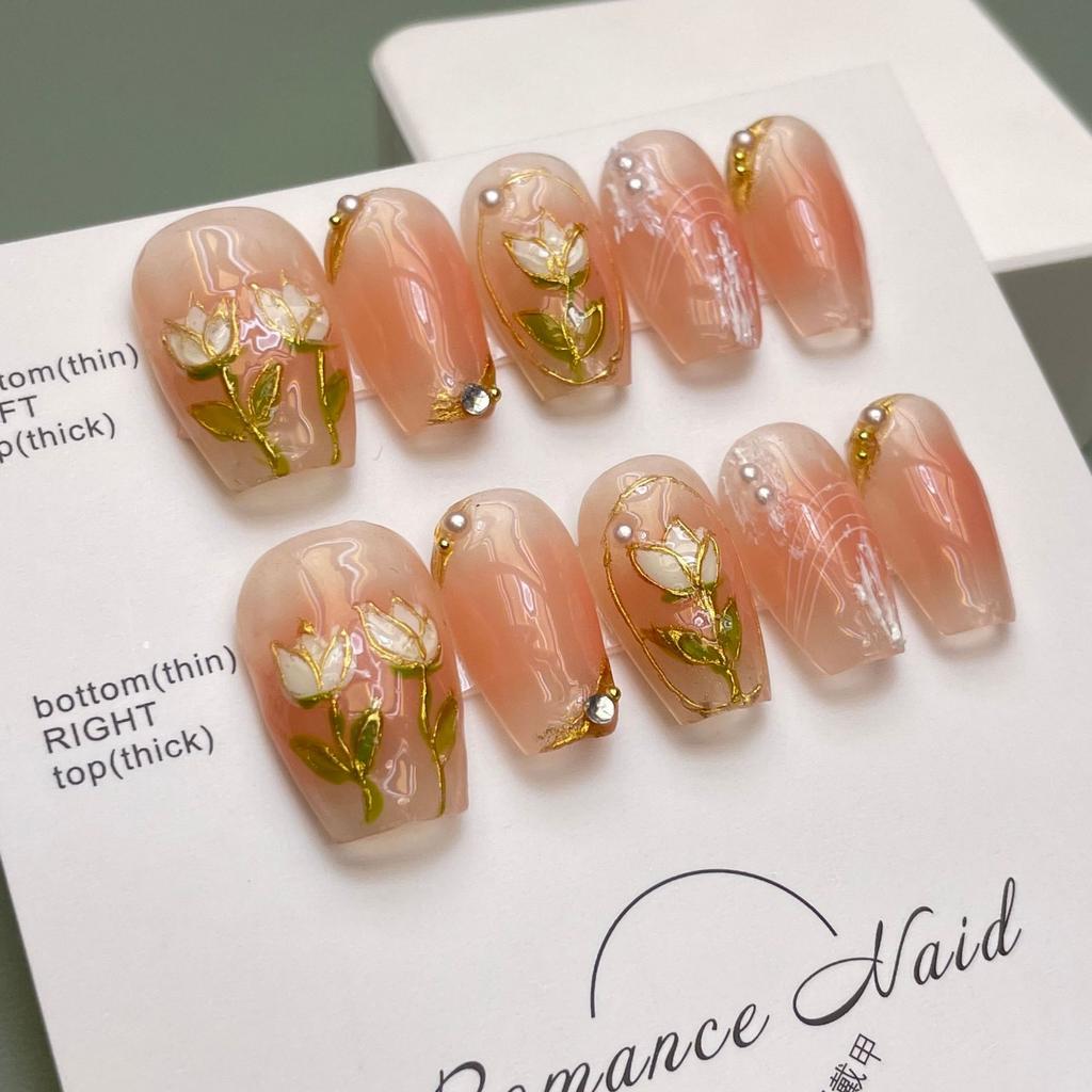 10pcs/set Purely Handmade Wearable Nails Removable Nail Art French Simple False Nails Finished Long and Short Nails