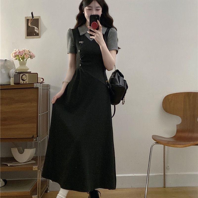 French Fake Two-piece Polo Collar Short-sleeved Dress 2026 Summer New Large Size Fat Mm Waist and Thin Temperament Long Dress