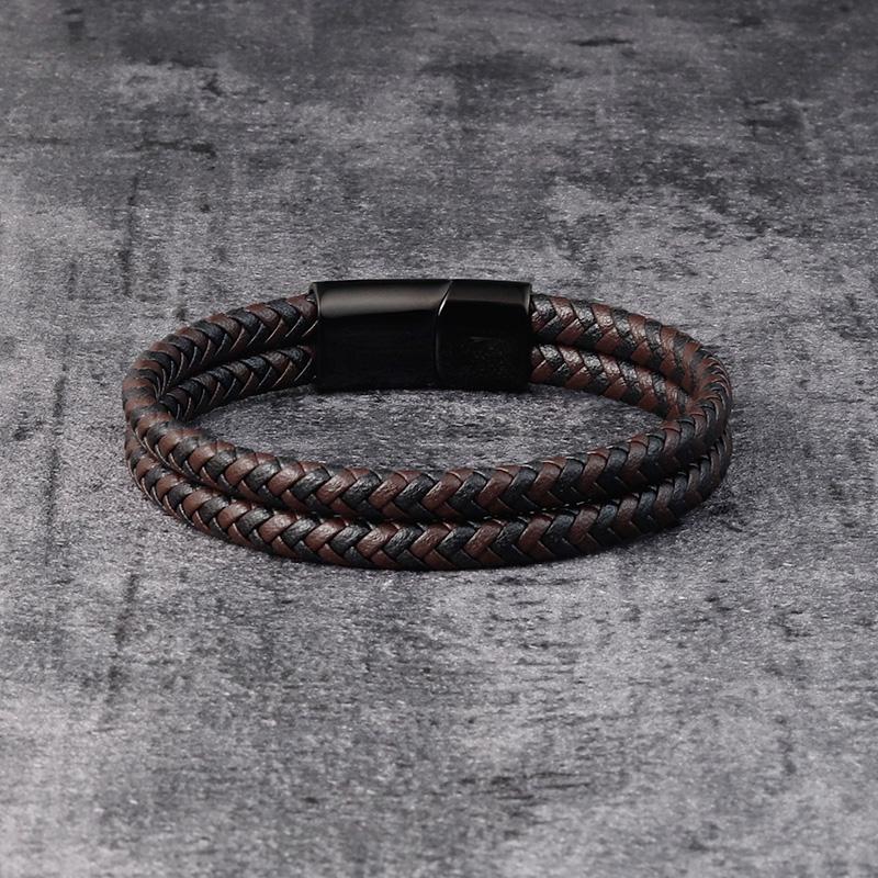 Fashion Genuine Leather Bracelet for Men Brown Black Rope Chain Stainless Steel Clasp Magnetic Punk Jewelry Cool Gift