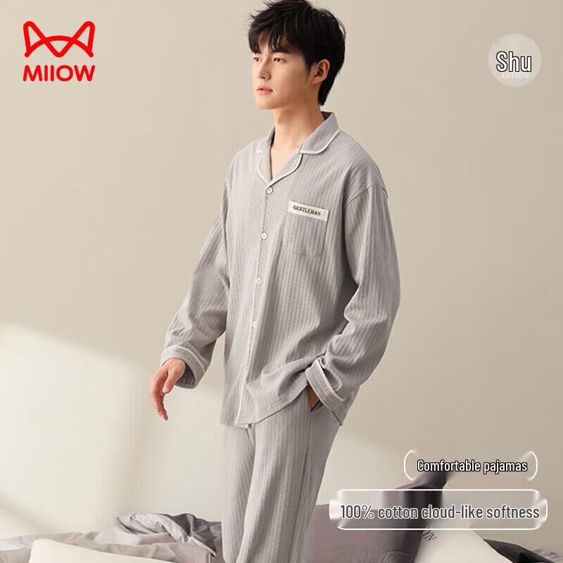 MIIOW Herren Baumwolle Langarm Knopfleiste Pyjama Set